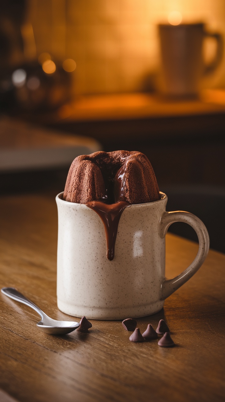 A chocolate mug cake with a gooey center in a white mug on a wooden table, surrounded by chocolate chips.